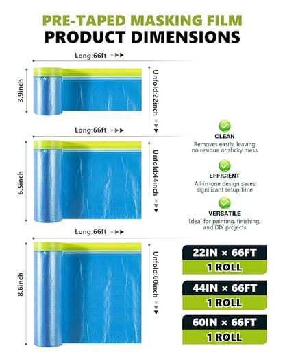 Pre-Taped Masking Film for Painting - 3 Rolls Mixed Size Painters Plastic Sheeting with Tape and Drape, Painters Drop Cloth for Automotive & Home, Cover for Walls/Floors/Windows/Cars Protection