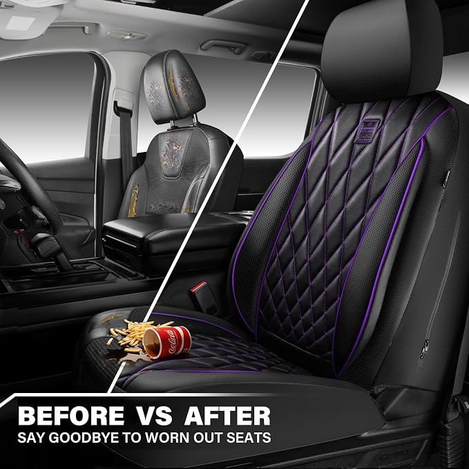 CAR PASS Piping Luxury Faux Leather Two Front Car Seat Covers, Waterproof Anti Slip Premium Automotive Seat Covers,Universal Fit for Suvs,Vans,Trucks, Armrest Airbag Compatible (Black and Purple)