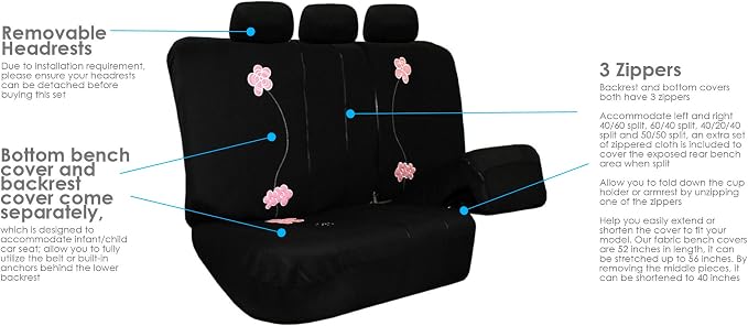 FH Group Floral Embroidery Car Seat Covers - Universal Fit, Split Bench Rear Seat, Washable Seat Cover for SUV, Sedan, Van, Rear Set, Black