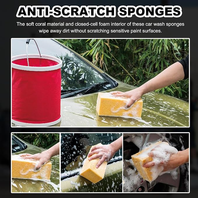 5PCS Car Wash Sponges, 8.5"×4.4"×3.5" Large Extra Soft Coral Non Scratch Sponge, Car Cleaning Cellulose Sponge Thick Foam Pad for Washing Window Sensitive Surfaces (Coffee)