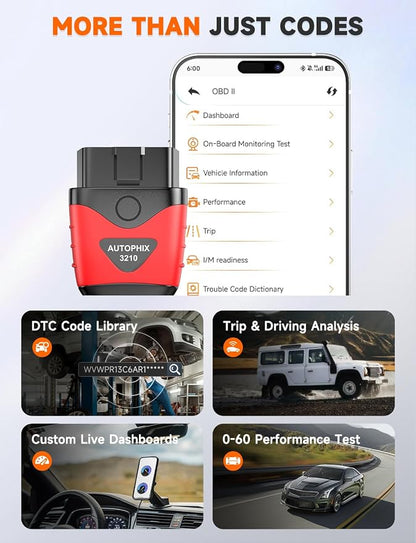 AUTOPHIX 3210 OBD2 Scanner for DIYers – Fix Check Engine Light & Pass Smog Test at Home, Code Reader, Checks Battery, Live Engine Data, No Subscription, Works with 1996+ Cars, for iPhone/Android