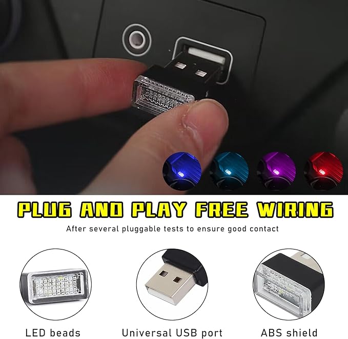 Augeny 4 PCS USB LED Car Interior Atmosphere Lamp, Plug-in USB Decor Night Light, Portable Auto Ambient Lighting Kit, Universal Vehicle Interior Accessories for Most Cars (Blue+Ice Blue+Red+Purple)