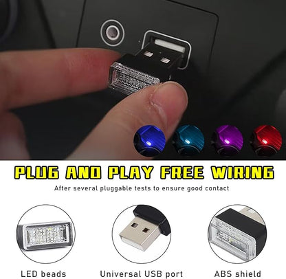 Augeny 4 PCS USB LED Car Interior Atmosphere Lamp, Plug-in USB Decor Night Light, Portable Auto Ambient Lighting Kit, Universal Vehicle Interior Accessories for Most Cars (Blue+Ice Blue+Red+Purple)