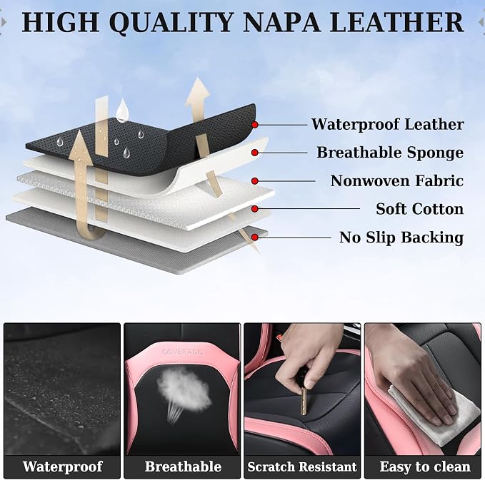 Coverado Seat Covers, Car Seat Covers Front Seats, Nappa Leather Seat Covers for Cars, Waterproof Car Seat Protector with Lumbar Support, Front Seat Covers Universal Fit for Most Cars (Black&Pink)