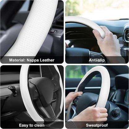 Frani Nappa Leather Steering Wheel Cover,Universal Fit 15 Inch-Premium Non-Slip Breathable Comfort Grip for Cars Trucks SUVs,Anti-Slip Durable Interior Upgrade White