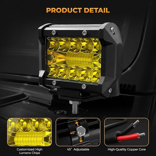 LED Pods, Turboo 4 Inch LED Light Bar Amber Flash Light, 2PCS 12000LM Off Road Light Triple Row Spot Flood Combo LED Work Driving Fog Lights for Pickup Truck ATV UTV SUV Boat Light