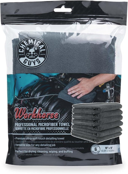Chemical Guys MIC35306 Workhorse Professional Grade Microfiber Towel, Black (16 in. x 16 in.) (Pack of 6)