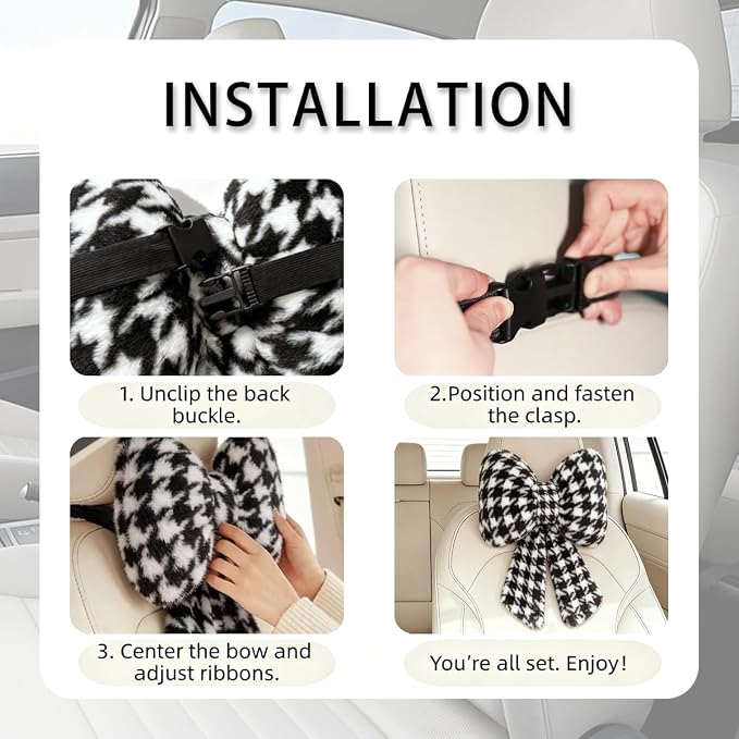 Sexysamba 2 Pcs Plush Bow Car Headrest Neck Pillow Cute Bow Pillow for Car Seat Décor Soft Neck Support for Comfortable Driving Traveling Office Fluffy Head Rest Cushion, Black Houndstooth