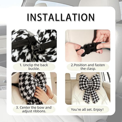 Sexysamba 2 Pcs Plush Bow Car Headrest Neck Pillow Cute Bow Pillow for Car Seat Décor Soft Neck Support for Comfortable Driving Traveling Office Fluffy Head Rest Cushion, Black Houndstooth