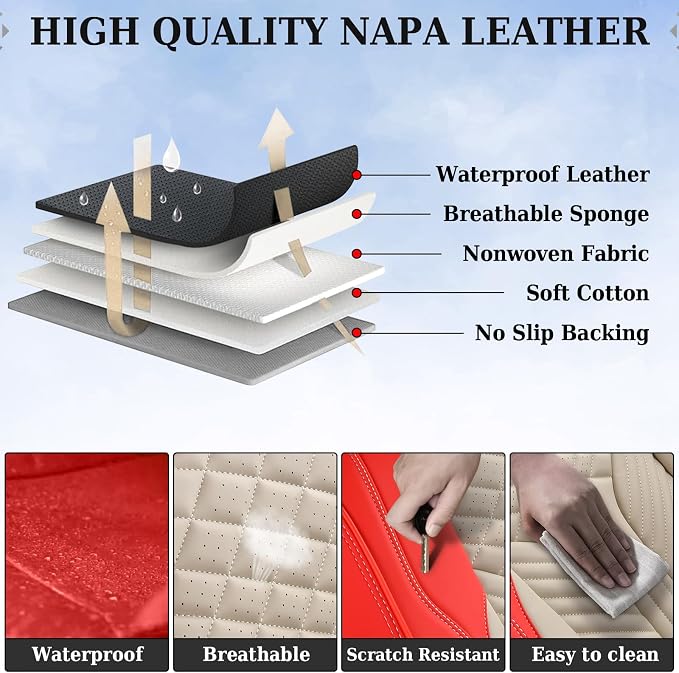 Coverado Leather Car Seat Covers Full Set, 5 Seats Seat Covers for Cars, Waterproof Car Seat Cushions, Front and Rear Seat Protectors Universal Fit Most Vehicles (Red&Beige)