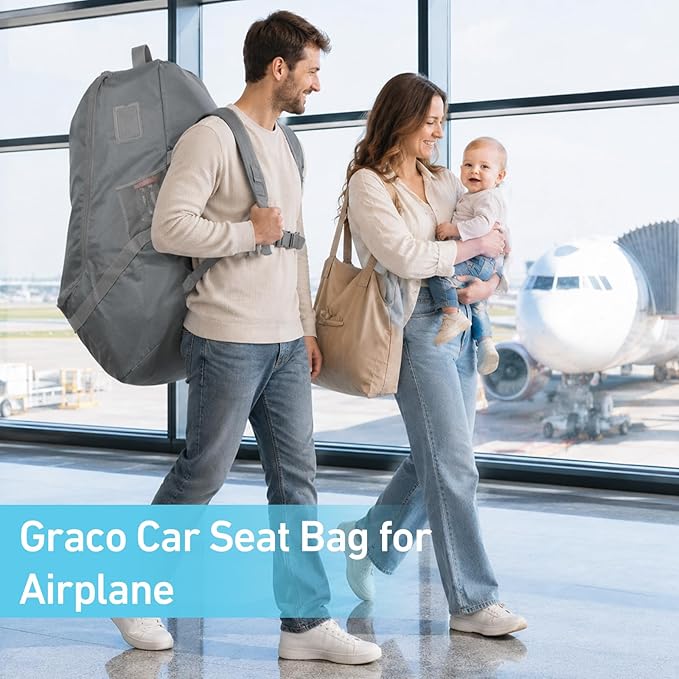 Graco Padded Car Seat Travel Bag & Infant Carrier Backpack, Durable Large Back Pack for Carseats & Booster Seats, Airport Gate Check Bag Luggage, Double Padded Strap, Water Resistant Material, Gray