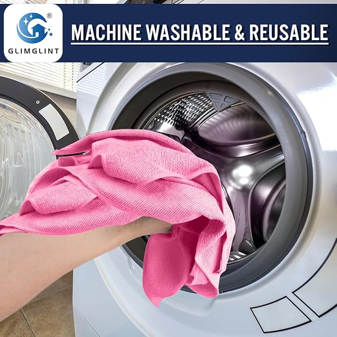 GLIMGLINT Pink Microfiber Cleaning Cloth,12PK Reusable Cleaning Rags, Highly Absorbent Shop Rags Bulk, All-Purpose Car Cleaning Towels for TV Screen, Kitchen, Bathroom, Restaurant Garage, 14"X12"