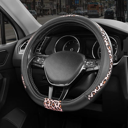 Road Comforts Steering Wheel Cover - Flat Bottom Wheel Cover Made with PVC Leather and Pink Leopard Fabric - Universal Fit for 15-Inch D-Shaped Automotive Steering Wheels (Pink Leopard)