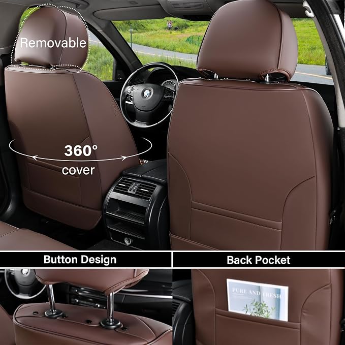 Coverado Car Seat Cover Full Set, Brown Seat Covers Front Seats Back Seat Covers, Nappa Leather Waterproof, Car Seat Cushion, Car Seat Protector Universal Fit Most Cars