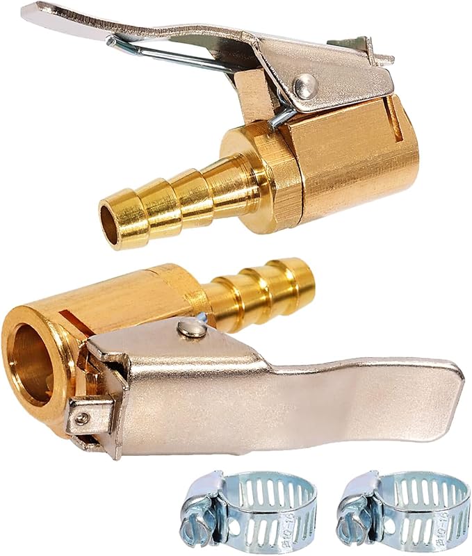 Toolwiz Lock on Air Chuck Inflate Locking with Clip, 1/4 Inch Brass Portable Tire Inflator Nozzle Presta Valve Adapter Tire Chucks Air Compressor Attatchments Hose End with Barb Connector,2pcs