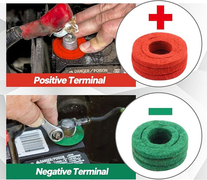 Battery Terminal Cleaner Tool Kit, 2-Pack Battery Post Wire Brush with Metal Case and 10 Anti-Corrosion Fiber Washers (5 Red & 5 Green) for Car, Truck, RV and Marine Batteries