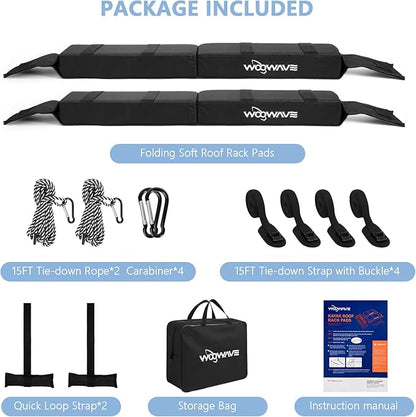 WOOWAVE Folding Kayak Soft Roof Rack Pads Universal Kayak Carrier Car Rack with 4 Tie Down Straps, 2 Tie Down Rope, 4 Carabiner, 2 Quick Loop Strap and Storage Bag for Canoe/Surfboard/Paddleboard/SUP