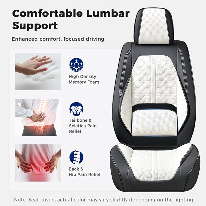 Huidasource Universal Fit Car Seat Covers Front Seat, 360° Full Wrap Luxury Nappa Leather Seat Cover Fit for Most Cars SUV Trucks, Waterproof Seat Covers with Lumbar Support, Black & White