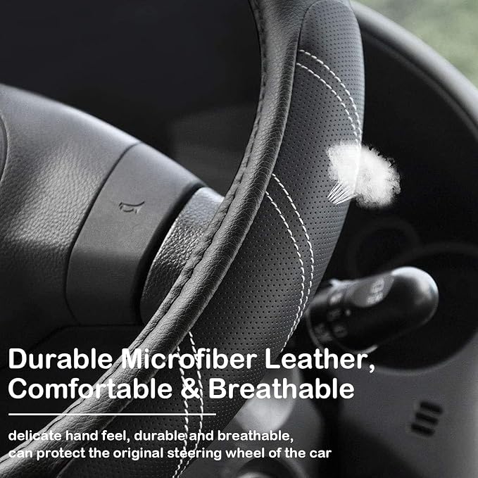 Black Line Punching Car Steering Wheel Cover, Microfiber Leather Sports, 14.5-15 in Universal Leather Wheel Covers, Breathable Fashion Anti-Slip, Steering Wheels Accessories for Men Women