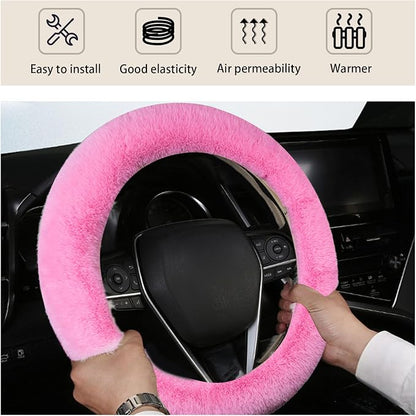 Ziciner Fuzzy Steering Wheel Cover, 15 inch Soft Wool Fur Steering Wheel Protector, Fluffy Wheel Covers for Winter Warm, Car Interior Decoration Accessories for Women Men (Pink)