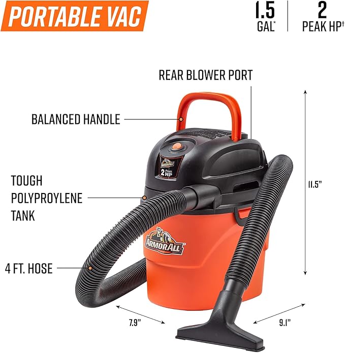 Armor All® AA155 1.5-Gallon 2 Peak HP Portable Wet/Dry Vacuum, Orange