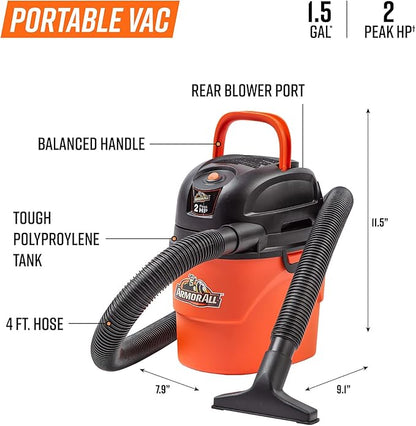 Armor All® AA155 1.5-Gallon 2 Peak HP Portable Wet/Dry Vacuum, Orange
