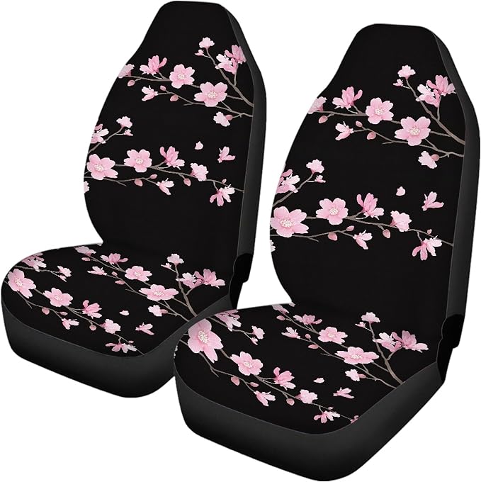 Cherry Blossom Car Seat Covers Full Set,Japanese Pink Flowers Tree Branches with Falling Petals Vehicle Front Rear Bench Cushion Protector Interior Accessories Universal Fit for Trucks Sedans