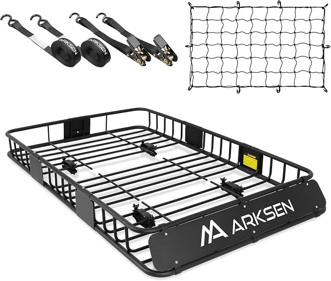 ARKSEN 64" x 39" x 6" Roof Rack Cargo Basket with Extension, Cargo Net & Ratchet Straps, 150 lb Heavy-Duty Steel Rooftop Carrier, Fits Crossbars up to 1.38" Thick, for SUV & Pickup Truck
