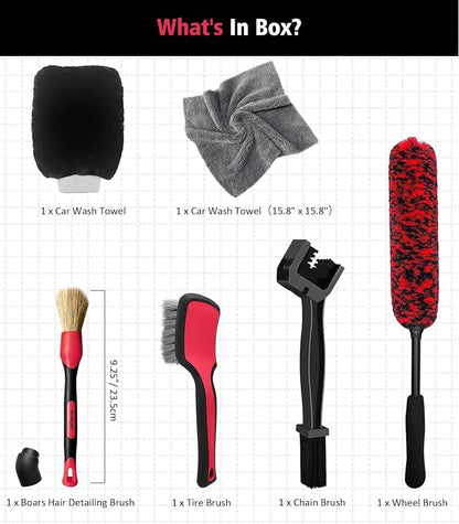 YeewayVeh 6PCS Motorcycle Cleaning Kit with Boar Hair Detailing Brush-Pro Safe for Chrome,Chain, Tire & Engine, Bendable Wheel Brush, Tire and Chain Brush, Wash Mitt & Microfiber Towel for Dirt Bike