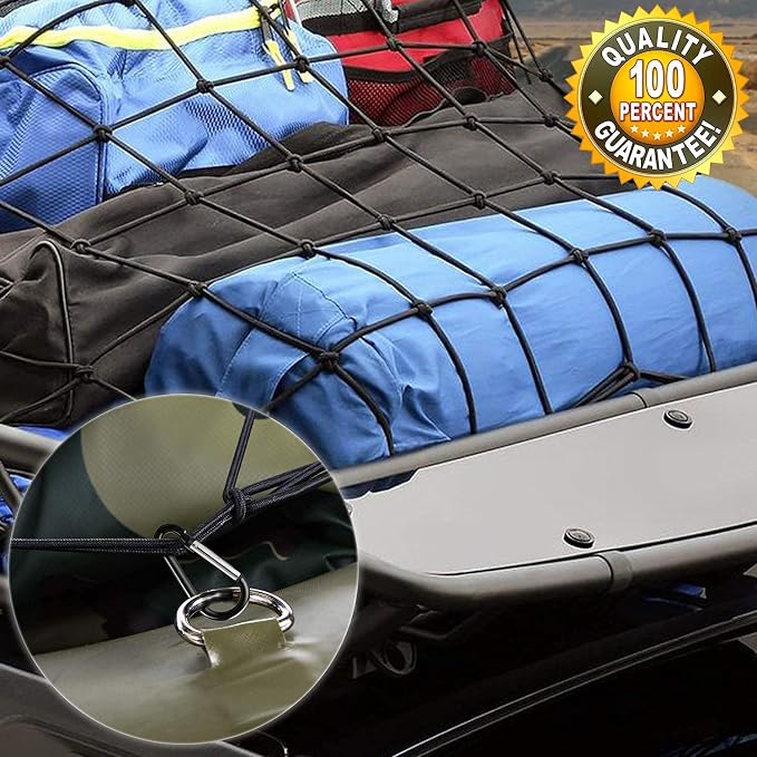 Natural Latex Core Super Duty Cargo Net for Pickup Truck Bed 4'x6' Stretches to 8'x12' | 12 Carabiners + 12 Hooks | Small Tight 4”x4” Mesh Bungee Net for Ford, Dodge, Chevy, Toyota, GMC