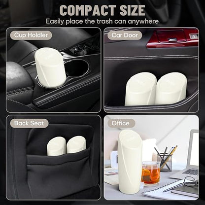 Car Trash Can Bin with Lid - Car Garbage Can Cup Holder - Cream Mini Leakproof Vehicle Garbage Bin with 20pcs Trash Bags-Automotive Organizers and Storage for Front Back Seat Accessories