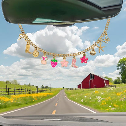 Strawberry & Flower Seashell Butterfly Rear View Mirror Charm – Cute Boho Car Hanging Decor with Bow, Lucky Mushroom & Cowboy Boot, Car Accessories for Women, Gift for Drivers