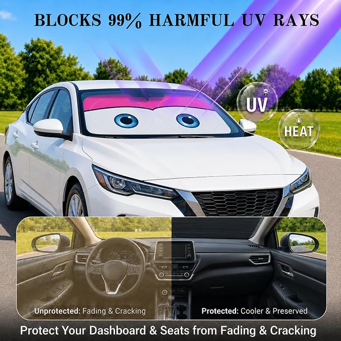 Car Windshield Sun Shade, Pink Cute Eyes Funny Car Sun Shade Universal Fits Sedan SUV Hatchback Compact Cars, UV Heat Protection - 59 x 27.5