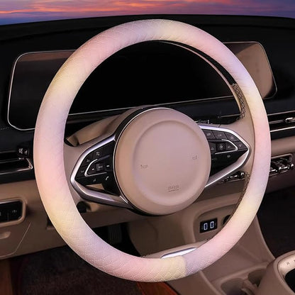 Leather Steering Wheel Cover, Colorful Cute Pink Purple Steering Wheel Cover Non-Slip Breathable Fabric Absorbing Sweat Universal Car Accessories for Women 14.5–15 inch