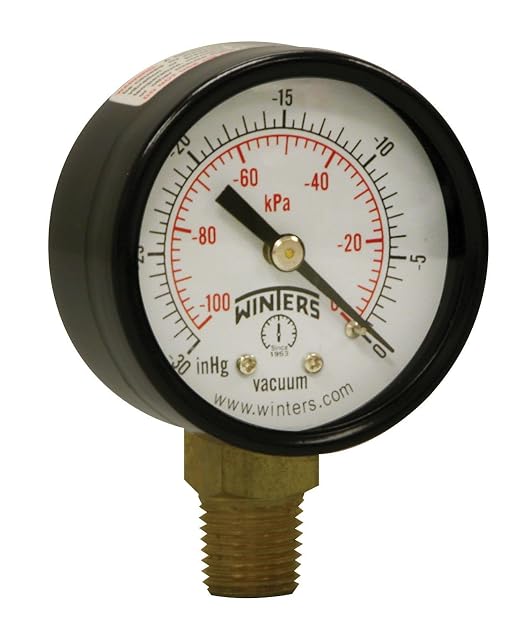 Winters 1-1/2 inch Dial Size, Economy Utility Dry Pressure Gauge, Brass Internals, Black Steel Case, Dual Scale 0-60 psi/kPa, 3-2-3% Accuracy, 1/8 inch NPT Bottom Mount, Multi Function Pressure Gauge