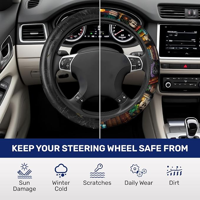 GENANY Reading Books Steering Wheel Cover, Non Slip Polyester Car Wheel Protector for Car SUV Truck, Universal 15 Inch