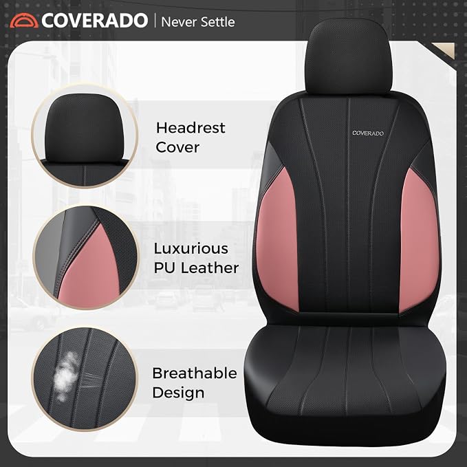 Coverado Automotive Car Seat Covers, Luxury Seat Covers Full Set, Leather Car Seat Protectors with Storage Bags, Pink Driver Seat Covers Universal Fit for SUVs Trucks Sedans