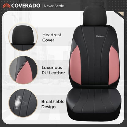 Coverado Automotive Car Seat Covers, Luxury Seat Covers Full Set, Leather Car Seat Protectors with Storage Bags, Pink Driver Seat Covers Universal Fit for SUVs Trucks Sedans