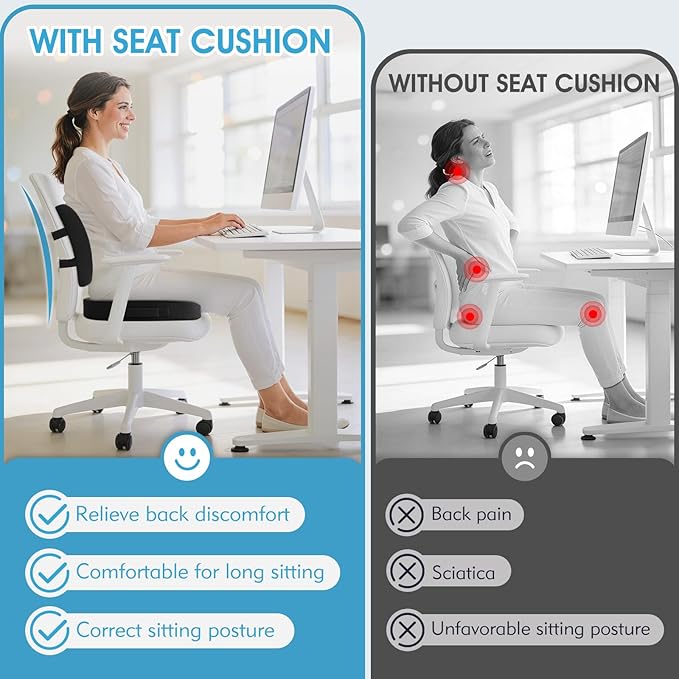 CushZone Ergonomic Seat Cushion & Lumbar Support Pillow - Memory Foam for Sciatica Pain Relief & Posture Correction, Non-Slip Chair Cushions for Office Chair/Car/Wheelchair/Travel (Black)
