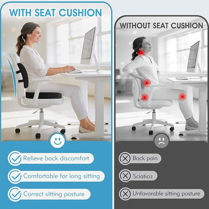 CushZone Ergonomic Seat Cushion & Lumbar Support Pillow - Memory Foam for Sciatica Pain Relief & Posture Correction, Non-Slip Chair Cushions for Office Chair/Car/Wheelchair/Travel (Black)