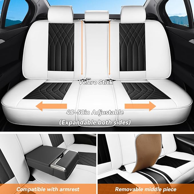 Black White Car Seat Covers Full Set, Full Coverage Luxury Leather Automotive Seat Covers Waterproof Car Seat Protector, Front & Rear Seats Cover Sets Universal Fit for Most Cars SUVs Trucks