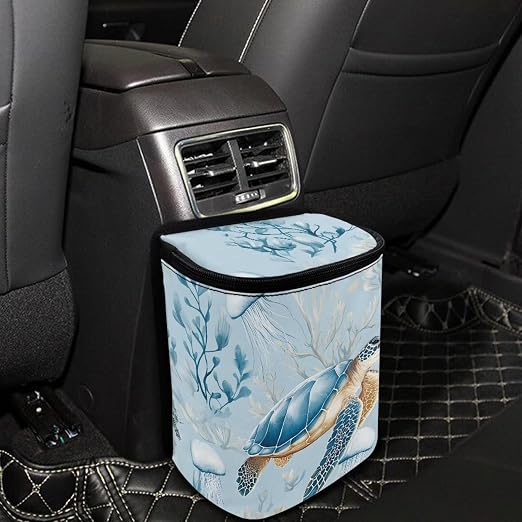 Talayituse Turtle Jellyfish Coral Print Car Trash Can with Lid, Leak Proof Auto Trash Bag Hanging Vehicle Garbage Can Multipurpose Storage Container for Back Seat Road Trip