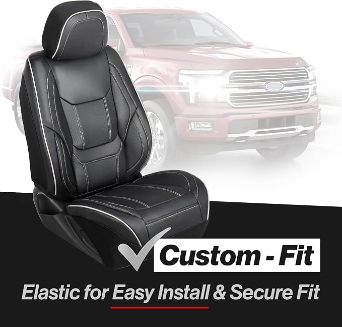 Coverland Custom Truck Car Seat Covers Front Seats for [2017-2025 F150 Raptor Super, SuperCrew Cab] - Protector Water Resistant Leather Memory Form Seat Cushion [Front - Black with White Stitching]