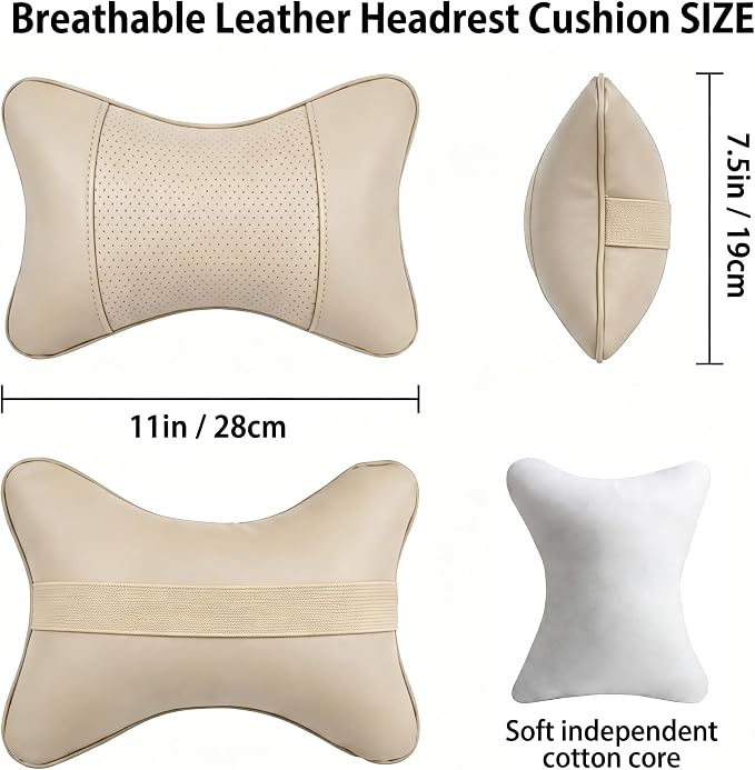 Car Pillow for Car Neck Pillow for Driving Seat Leather Neck Support Soft Cushion Support Head-Rests for Vehicle Sleeping with Elastic Adjustment Strap 2PCS (Neck, Beige)