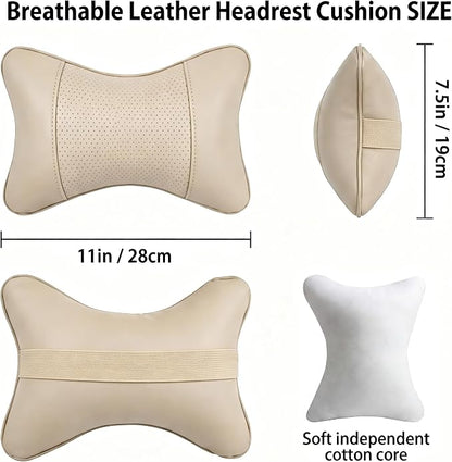 Car Pillow for Car Neck Pillow for Driving Seat Leather Neck Support Soft Cushion Support Head-Rests for Vehicle Sleeping with Elastic Adjustment Strap 2PCS (Neck, Beige)