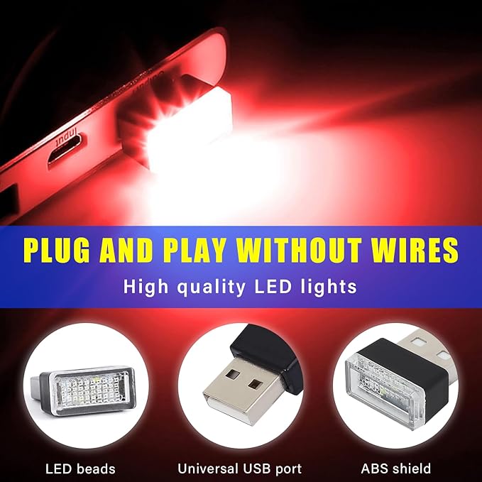 Augeny 4 PCS USB LED Car Interior Atmosphere Lamp, Plug-in USB Decor Night Light, Portable Auto Ambient Lighting Kit, Universal Vehicle Interior Accessories for Most Cars (Red)