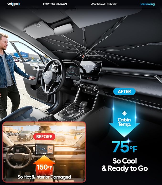 Wigoo Windshield Sun Shade Umbrella for Toyota RAV4 2019-2026 [100% Sun Blockage, Ice Cooling Fabric] Foldable Heat Insulation Front Window Sunshade Umbrella for Toyota RAV4 2019-2026