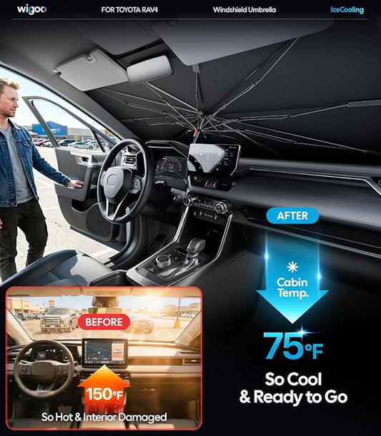 Wigoo Windshield Sun Shade Umbrella for Toyota RAV4 2019-2026 [100% Sun Blockage, Ice Cooling Fabric] Foldable Heat Insulation Front Window Sunshade Umbrella for Toyota RAV4 2019-2026