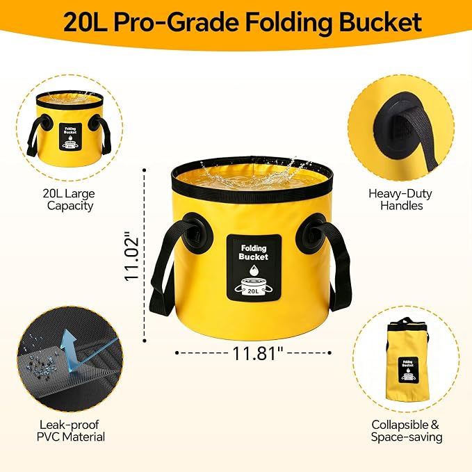 7-in-1 Car Wash Kit with 20L Collapsible Bucket, 15° Curved Mop with 40.5" Long Handle, 0.84mm Reinforced Aluminum Pole, Professional Car Cleaning Supplies for SUV, Trucks & RVs-Yellow.