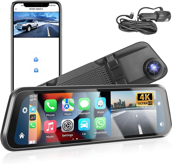 Podofo 12" Mirror Dash Cam with Wireless Carplay&Android Auto,4K Front Mirror Dash Cam with IPS Touchscreen,Support Night Vision,Voice Control,Parking Assistance,G-Sensor,24H Parking Monitor
